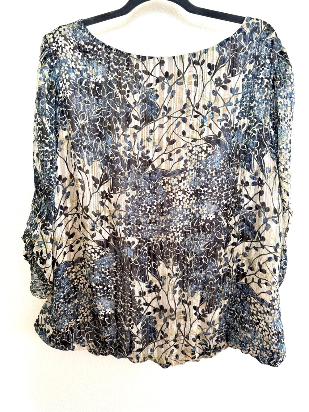 Roz & Ali Blouse Womens 2X Blue Beige 3/4 Sleeve Elastic Hem Lightweight - Picture 6 of 8